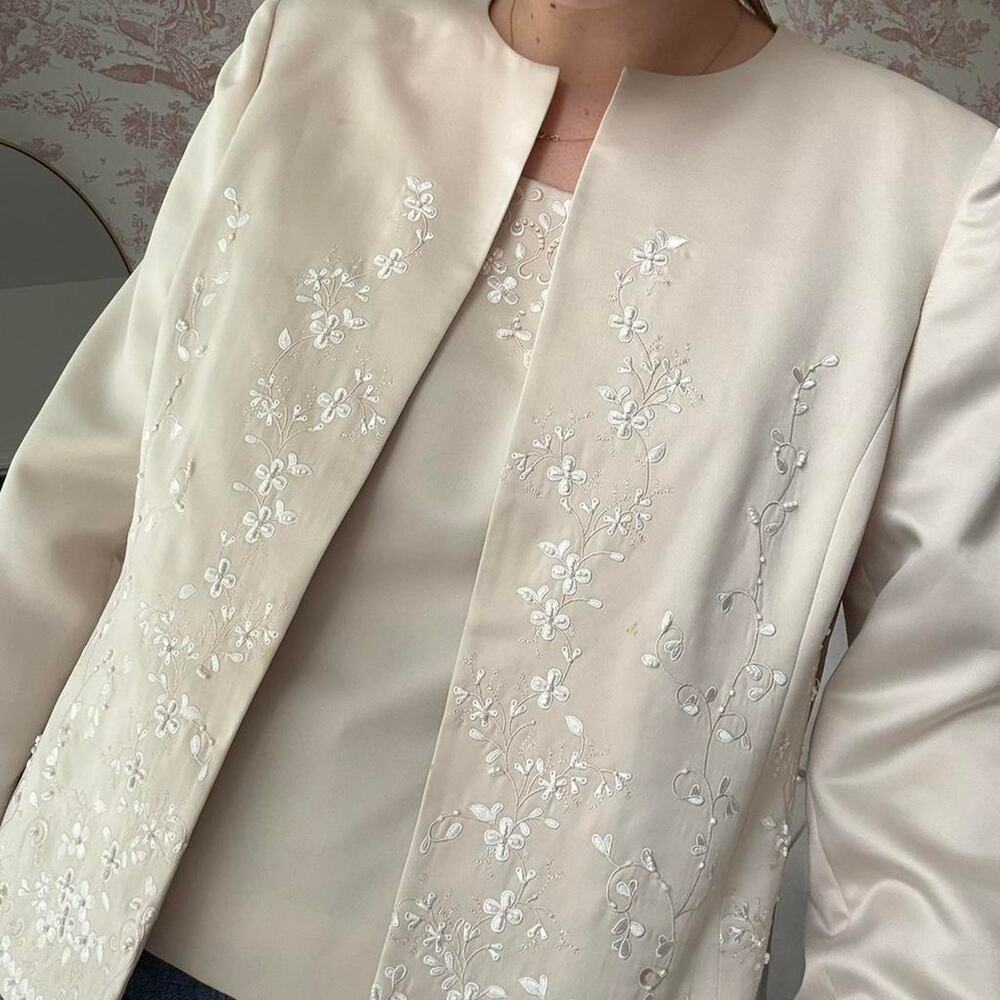 Kasper taupe satin blazer with floral embroidery & matching top